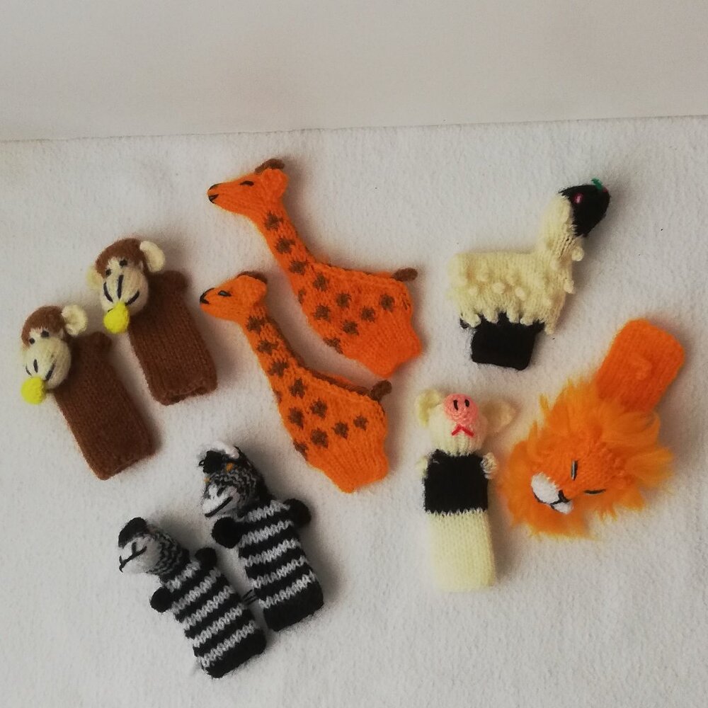Lot of 9 Hand-Knitted Animal Finger Puppets – Fair Trade / Peru Style
